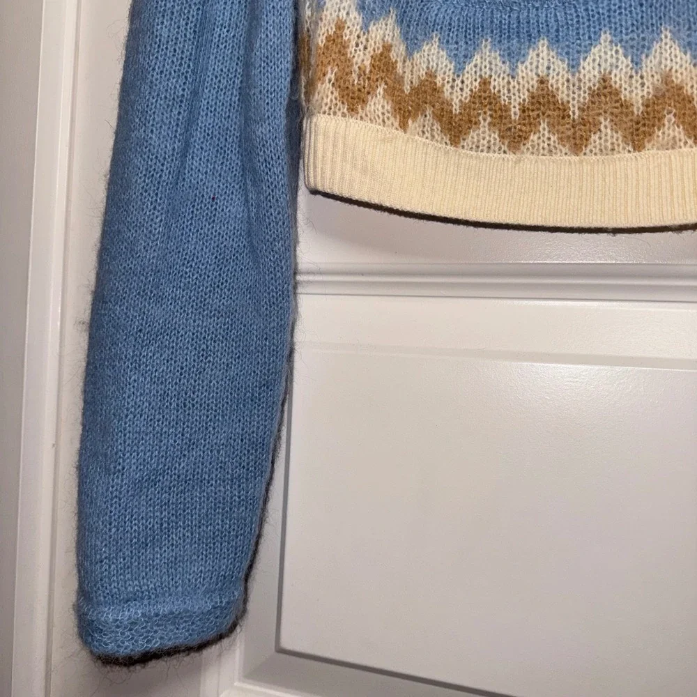 J Crew Womens Blue Fair Isle Alpaca Wool Blend Cropped Cardigan Sweater XS